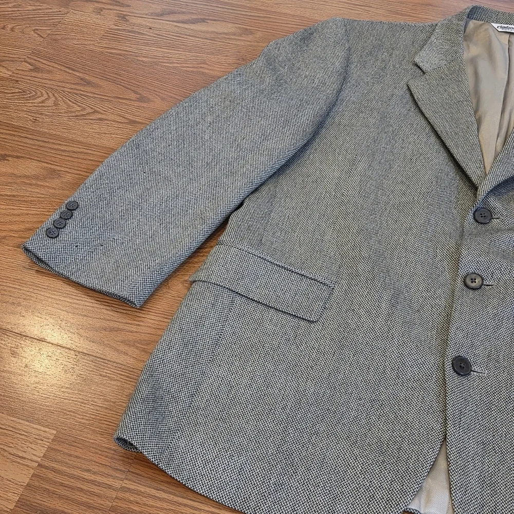 VTG Tweed Jacket L Black Beige Herringbone 100% Lambs Wool Blazer Sport Coat 44R - Picture 2 of 16